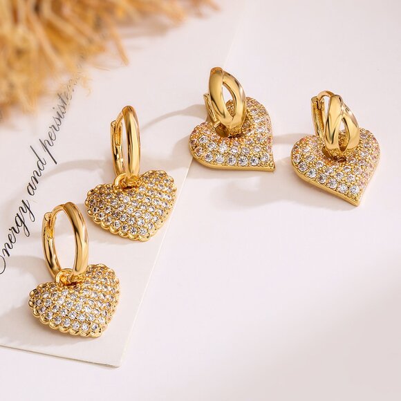 3/$35 18K Gold Plated Copper Heart Drop Dangle Earrings Cubic Zirconia - Picture 5 of 7